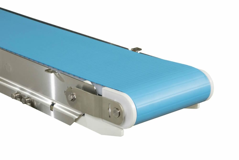 An AquaPruf conveyor system from Dorner with blue belting.