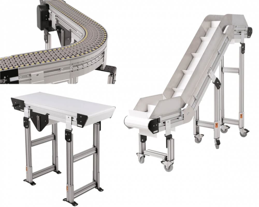 Three images of conveyor systems from Dorner’s 3200 series, with options for curves, inclines, and more.