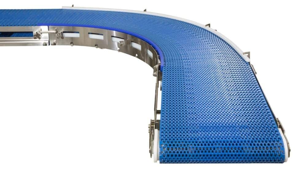 The AquaPruf sanitary conveyor from Dorner allows up to 3 curves on a single gearmotor with enhanced chain strength.