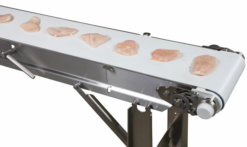 An easy-to-clean Dorner AquaPruf conveyor transports raw chicken.