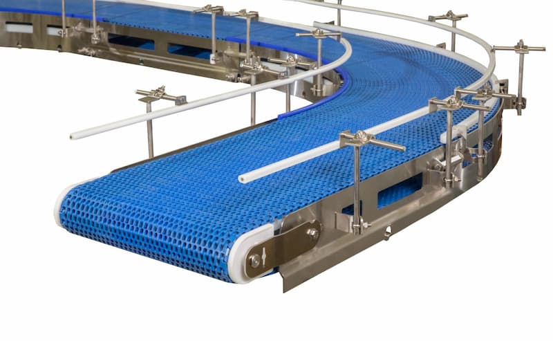 A modular AquaPruf conveyor from Dorner with a curved design to save space.
