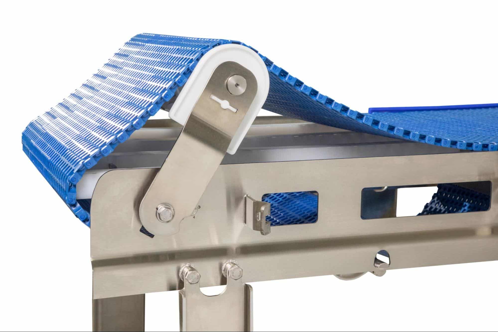 A modular AquaPruf conveyor from Dorner with a tip-up tail for easy cleaning.
