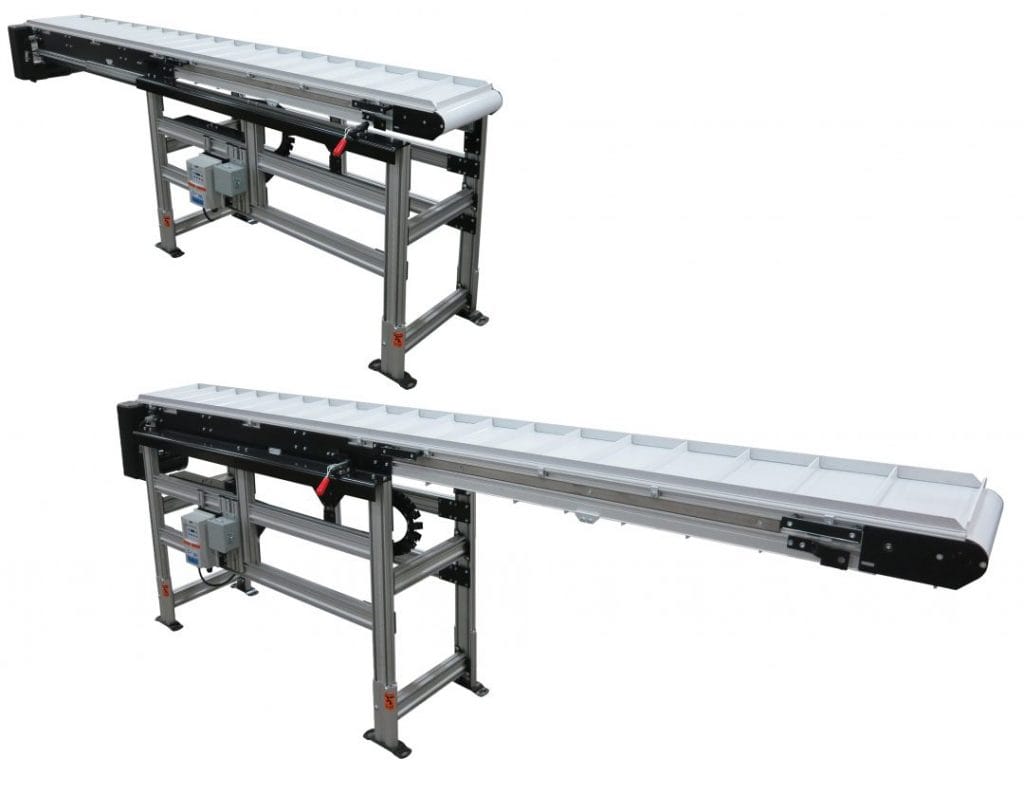 Images of a conveyor belt equipped with manual retraction. The top image features the conveyor when retracted, allowing space for walk-thru access. The bottom image features the conveyor extended, making it an ideal line egress solution.