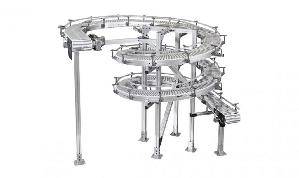Image of a SmartFlex Helix conveyor, which spirals upward to provide elevation and line egress solutions.
